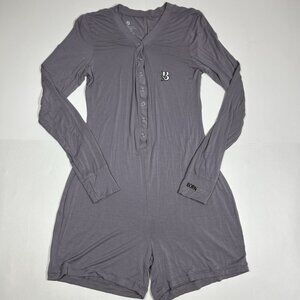 Bornnaked Women Bamboo Sleep Lounge Romper Long Sleeve Snap Front Gray Logo Sz L